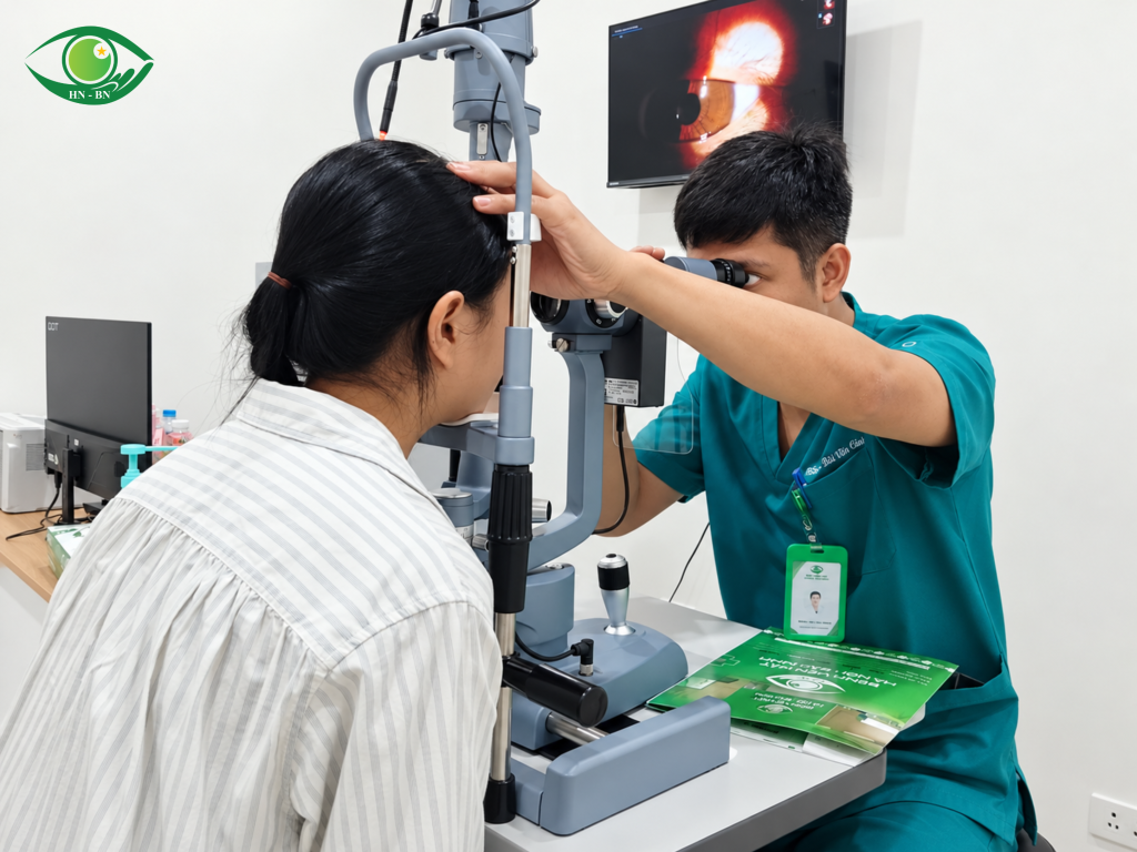 Nhân viên y tế quan sát qua sinh hiển vi và hỗ trợ tư thế người được khám, màn hình hiển thị vùng mắt.