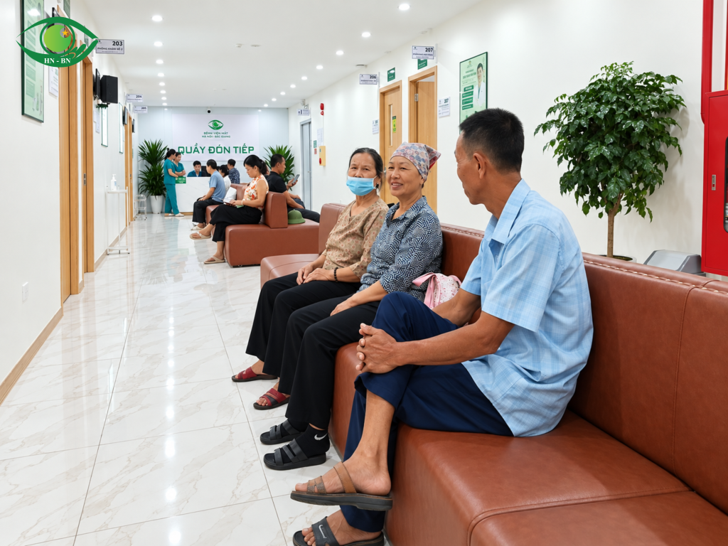 Người đến khám ngồi trên hàng ghế dọc hành lang, phía cuối là quầy đón tiếp.