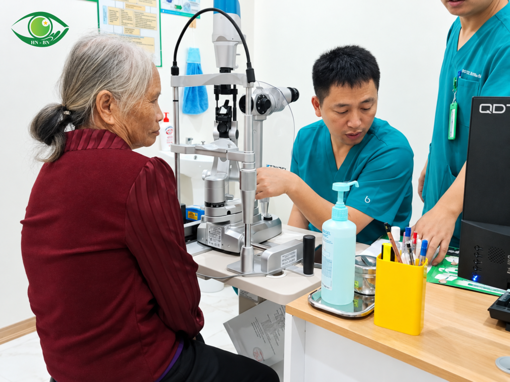 Người phụ nữ lớn tuổi ngồi bên sinh hiển vi, nhân viên y tế ở vị trí đối diện.